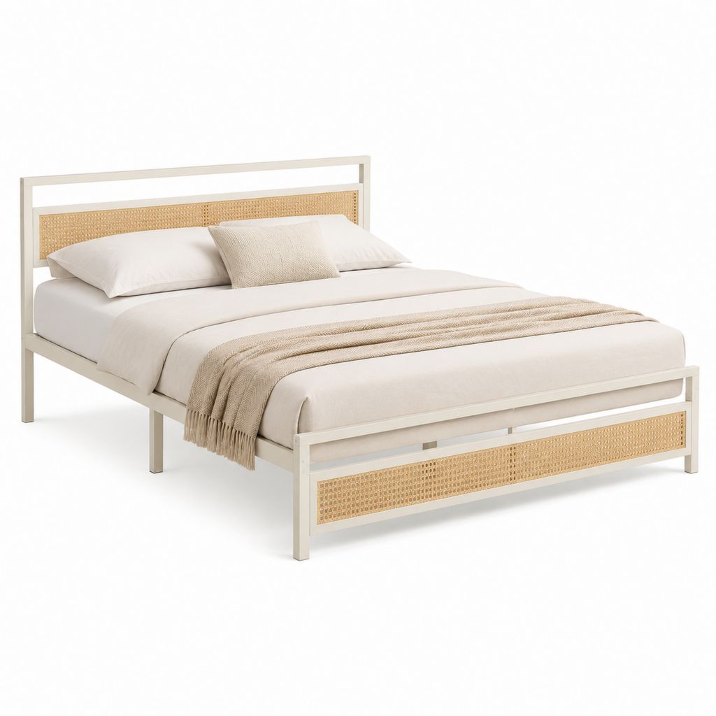 Cadre de lit double 160 x 200 cm blanc en bois massif et cannage naturel