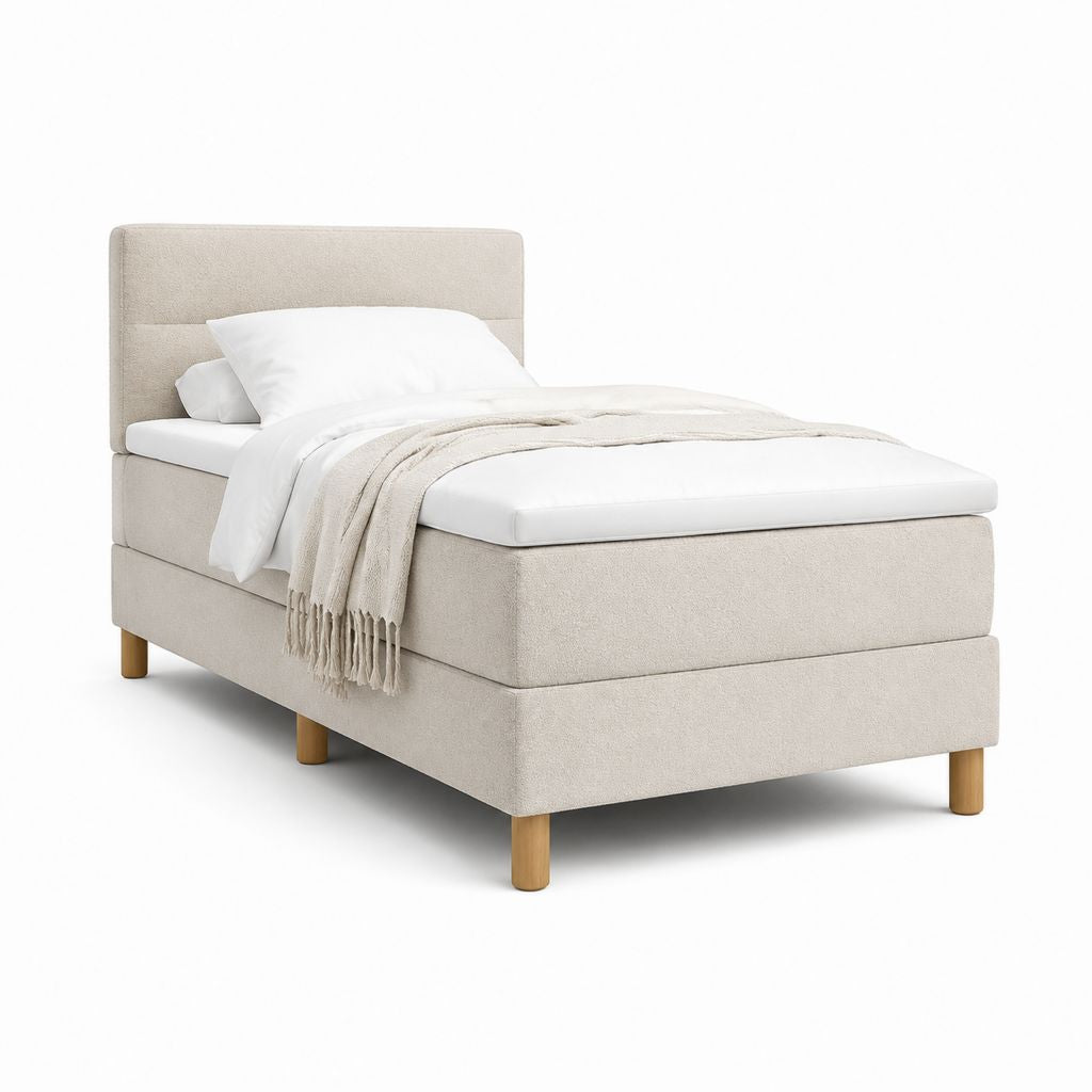 Lit une place capitonné beige en polyester avec sommier 90 x 190 cm