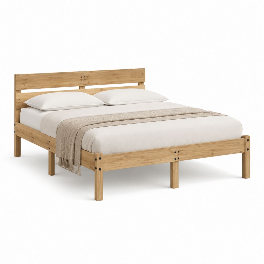 Cadre de lit double en pin massif naturel 160 x 200 cm avec tête de lit