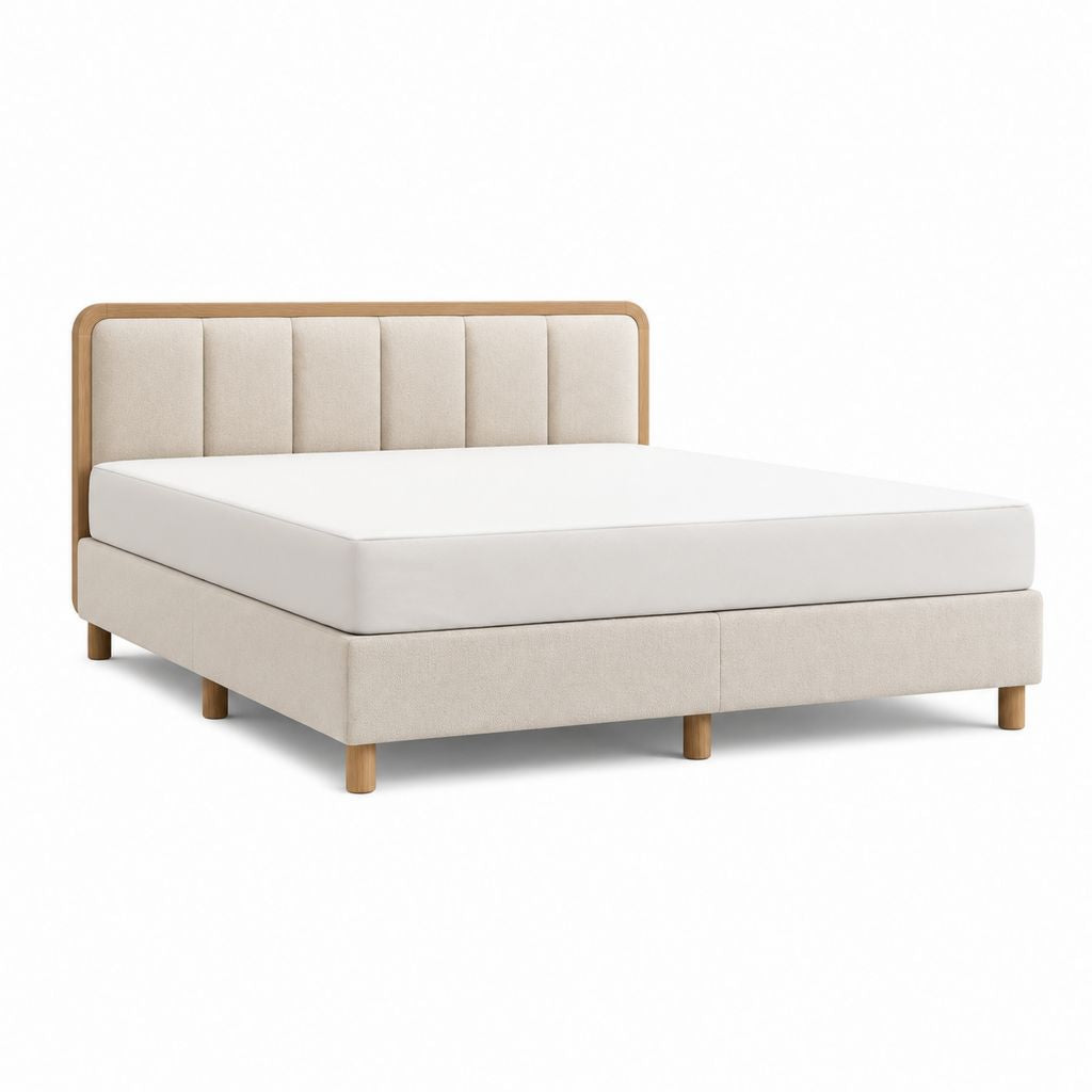 Cadre de lit double 160 x 200 cm beige en polyester avec tête de lit capitonnée et structure en bois massif