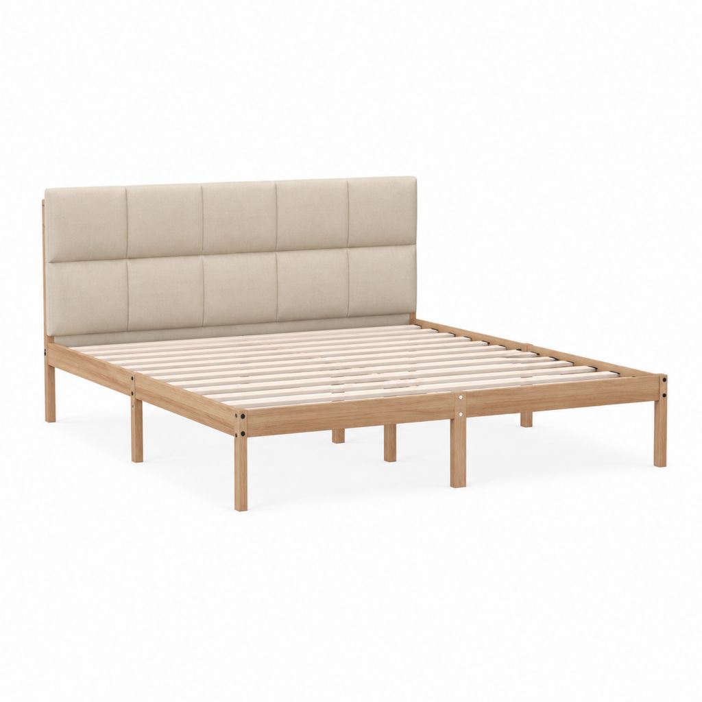 Lit double 160 x 200 cm en bois d'hévéa naturel avec tête de lit capitonnée beige