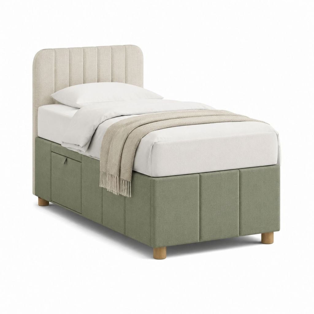 Lit coffre 1 place vert sauge et beige en polyester avec tête de lit capitonnée 90 x 190 cm