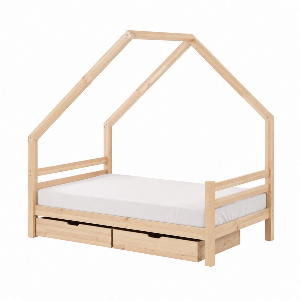 Lit enfant cabane en pin massif naturel avec 2 tiroirs 90 x 200 cm