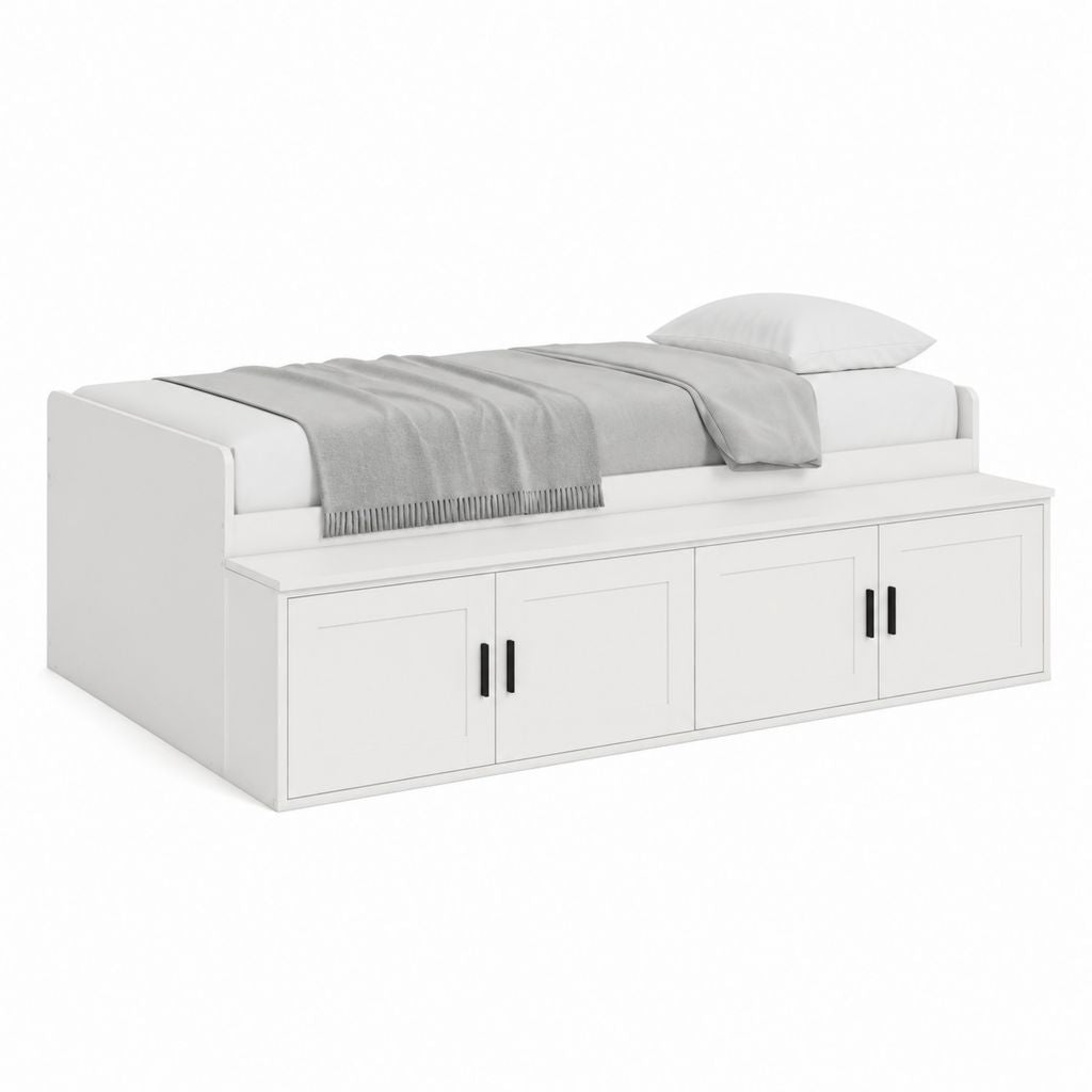 Lit banquette 90 x 190 cm blanc en panneaux de particules avec rangement intégré