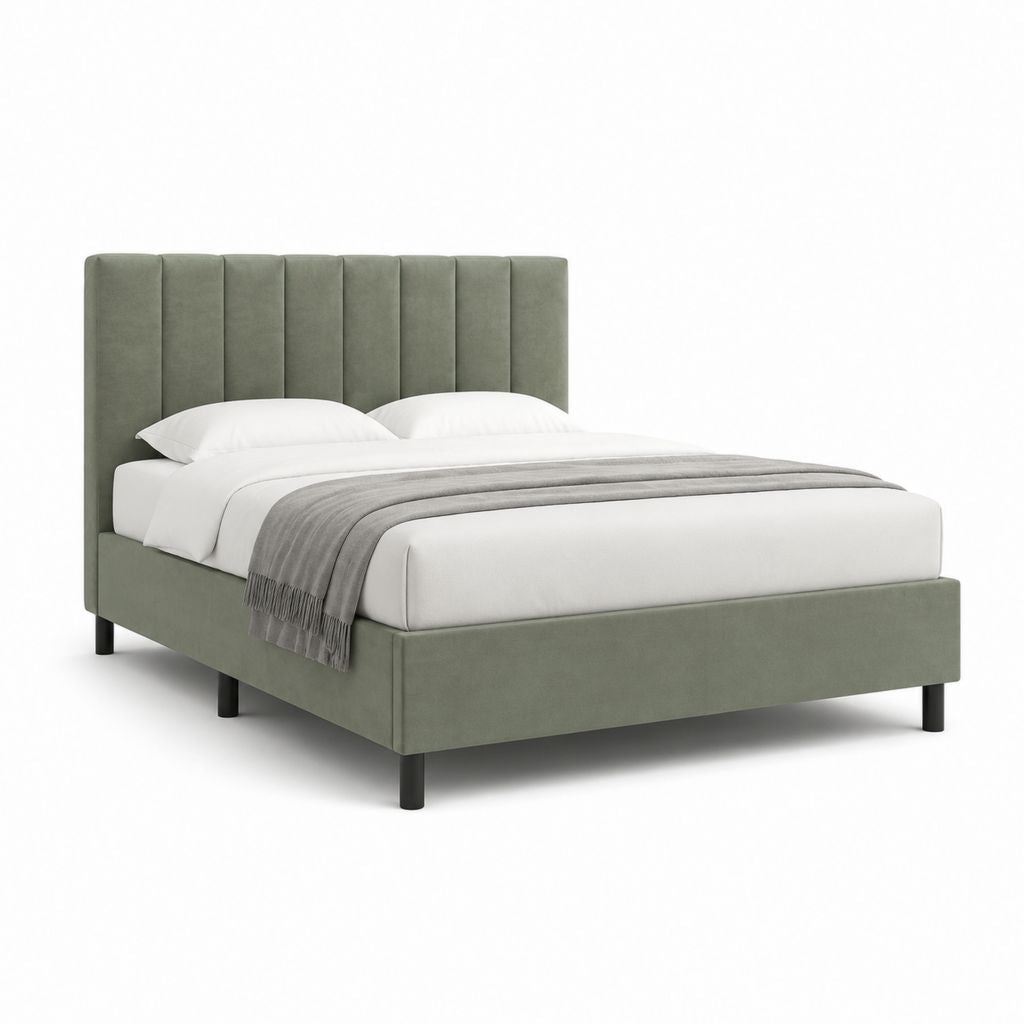 Lit double 160 x 200 cm vert olive en velours de polyester avec tête de lit capitonnée