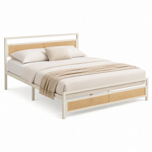 Cadre de lit double 160 x 200 cm blanc en bois massif et cannage naturel