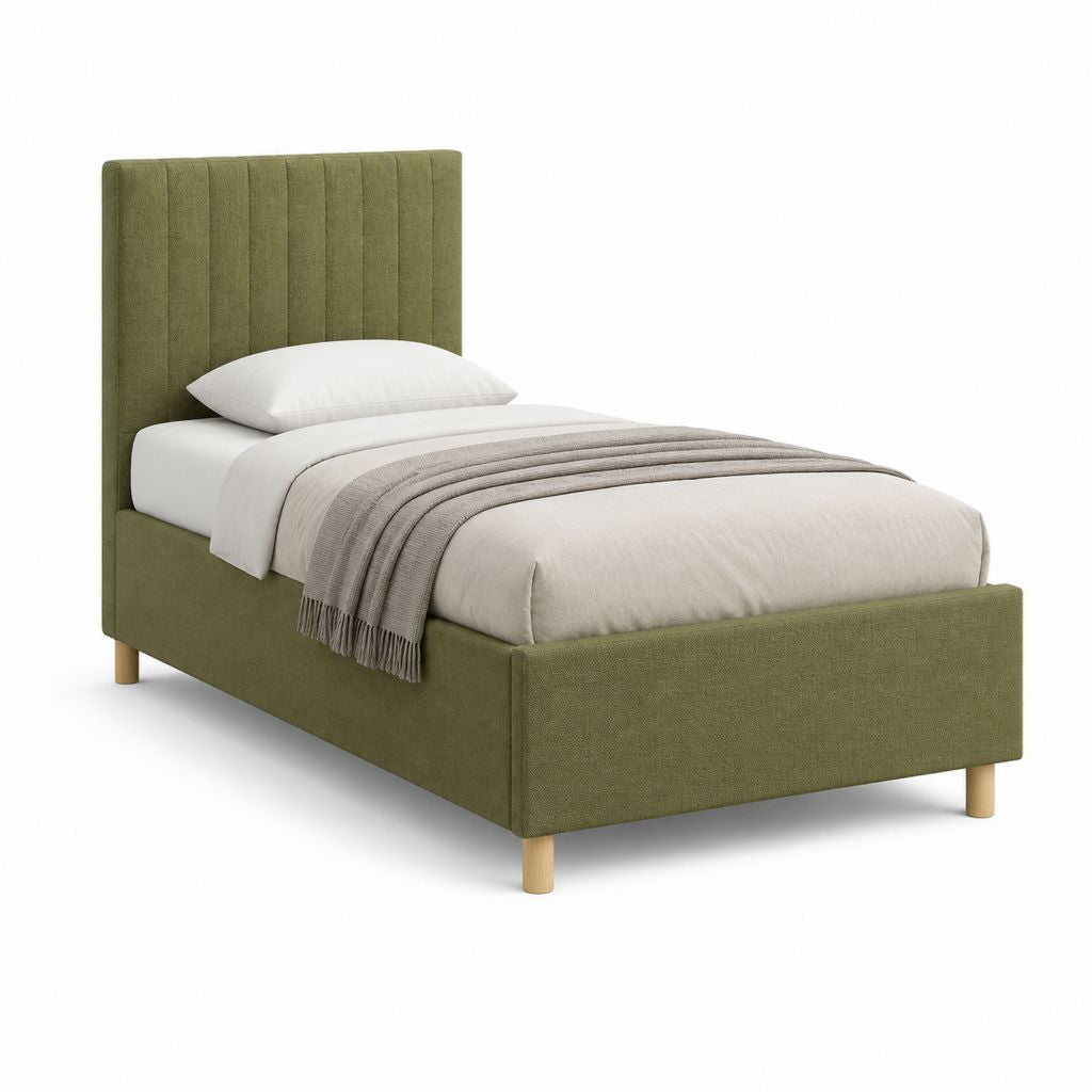 Lit simple capitonné vert olive en polyester avec sommier 90 x 190 cm