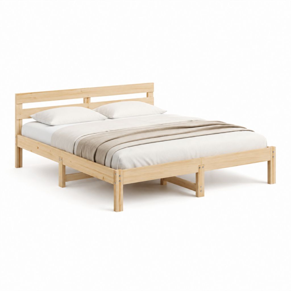 Cadre de lit double naturel en pin massif 160 x 200 cm avec tête de lit