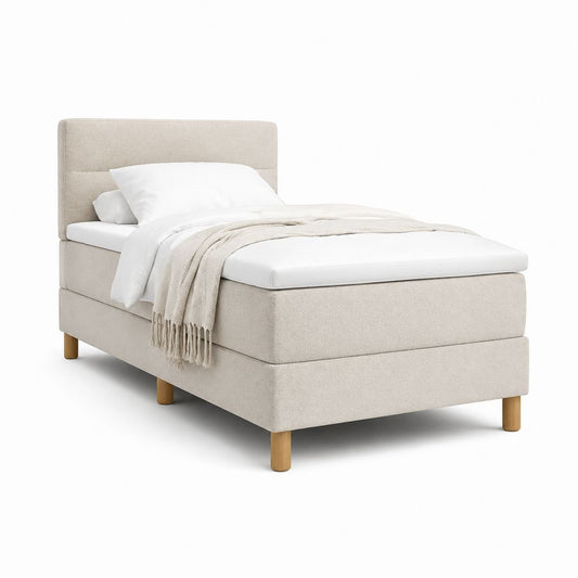 Lit une place capitonné beige en polyester avec sommier 90 x 190 cm