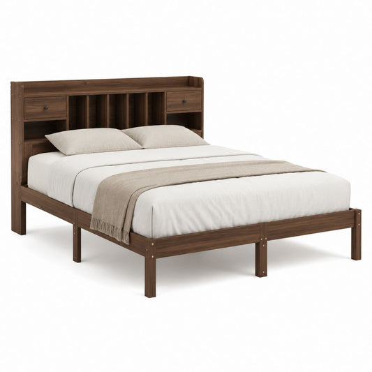 Cadre de lit double 160 x 200 cm marron noyer en MDF avec tête de lit de rangement