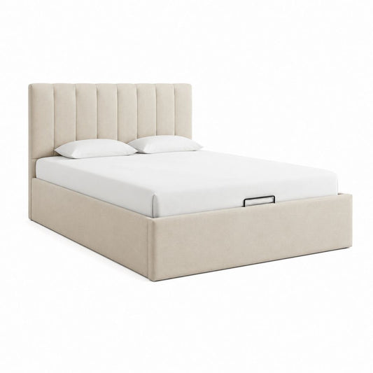 Lit coffre 160 x 200 cm beige en polyester avec tête de lit capitonnée