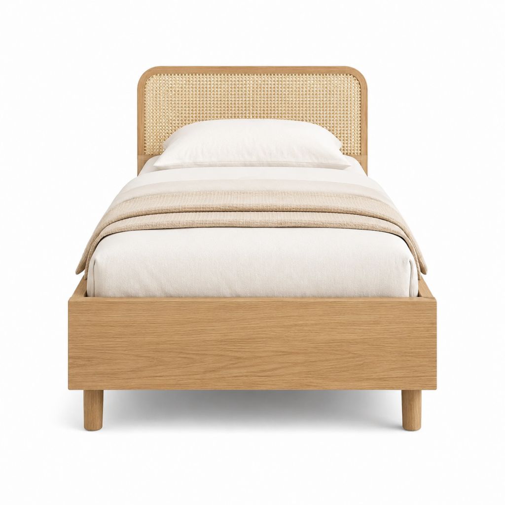 Lit simple 90 x 190 cm en chêne massif naturel avec tête de lit en rotin tressé