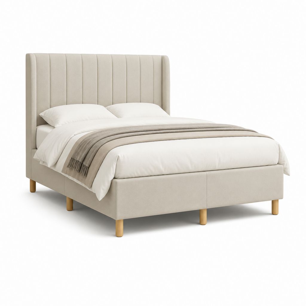Lit double avec cadre de lit beige en polyester rectangulaire 160 x 200 cm dimensions extérieures 174 x 217 x 119 cm
