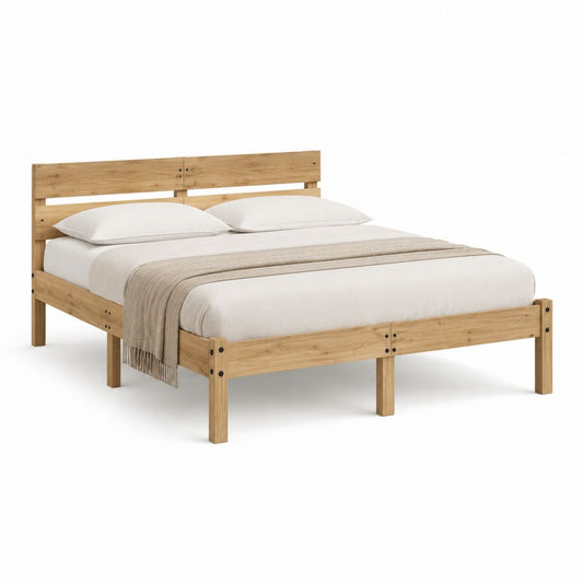 Cadre de lit double en pin massif naturel 160 x 200 cm avec tête de lit