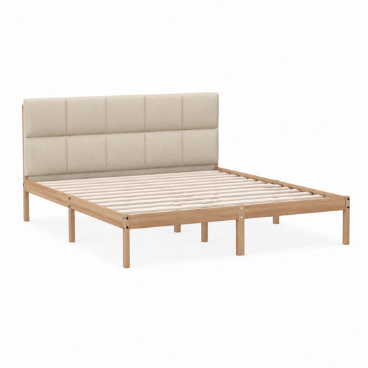 Lit double 160 x 200 cm en bois d'hévéa naturel avec tête de lit capitonnée beige