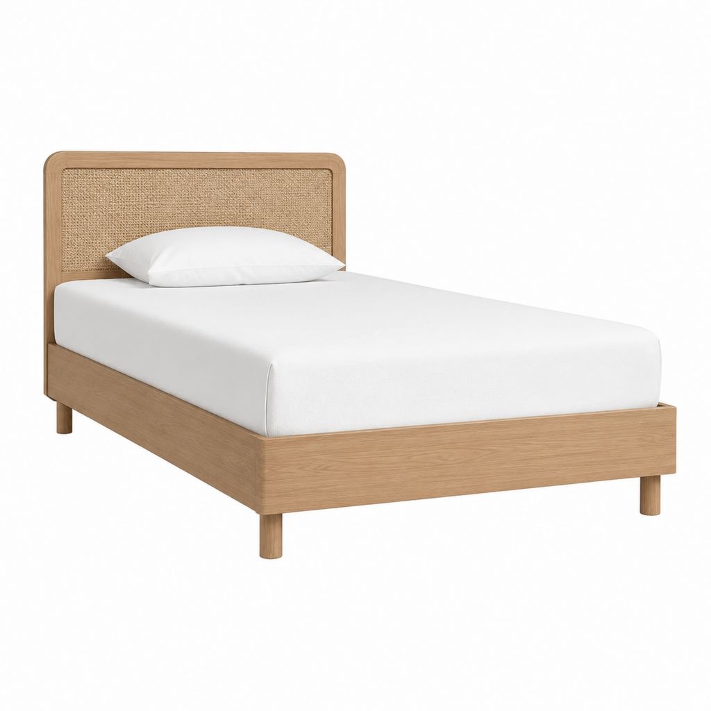 Lit simple 90 x 190 cm en bois massif finition chêne naturel avec tête de lit en rotin tressé