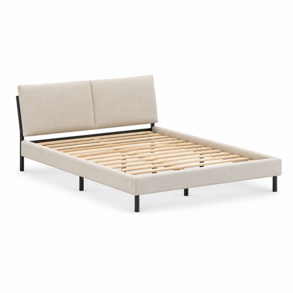 Lit double avec cadre de lit beige en polyester et acier 160 x 200 cm