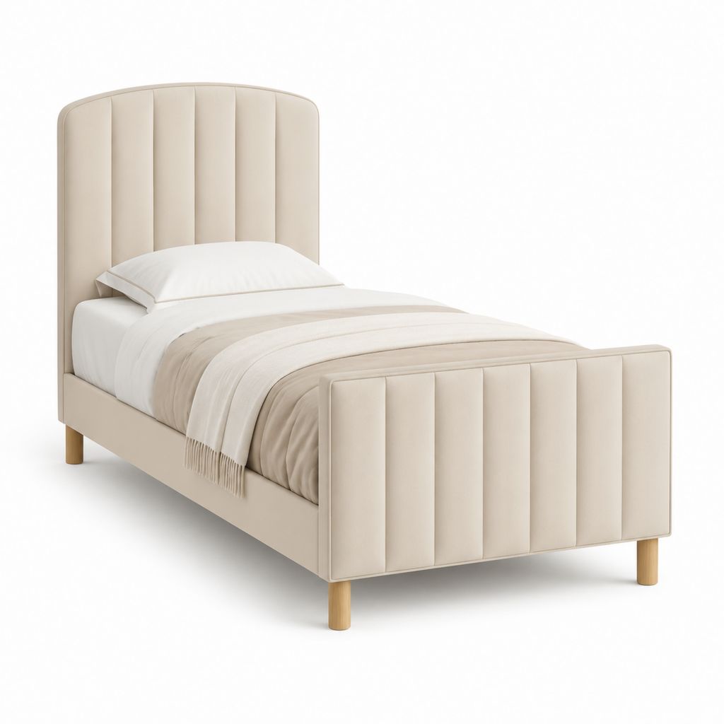 Lit simple 90 x 190 cm beige en polyester avec tête et pied de lit capitonnés