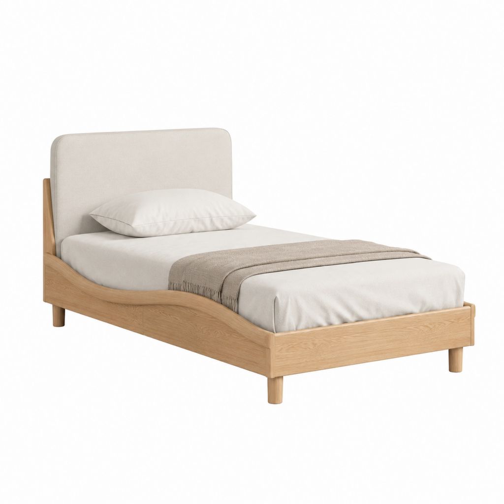 Lit simple 90 x 190 cm beige et chêne clair en bois massif avec tête de lit capitonnée