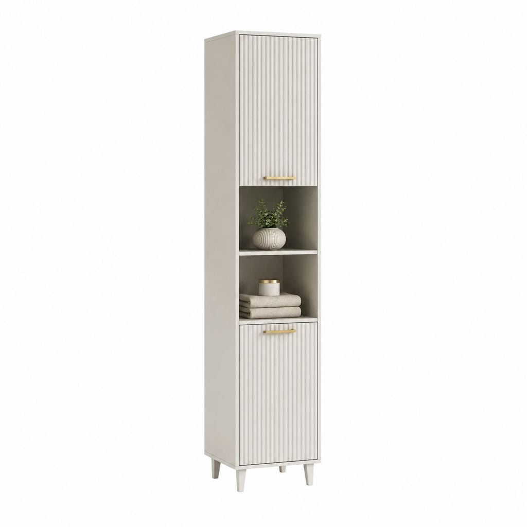 Colonne de salle de bain 40 x 30 x 180 cm beige en panneaux MDF avec 2 portes et étagères ouvertes