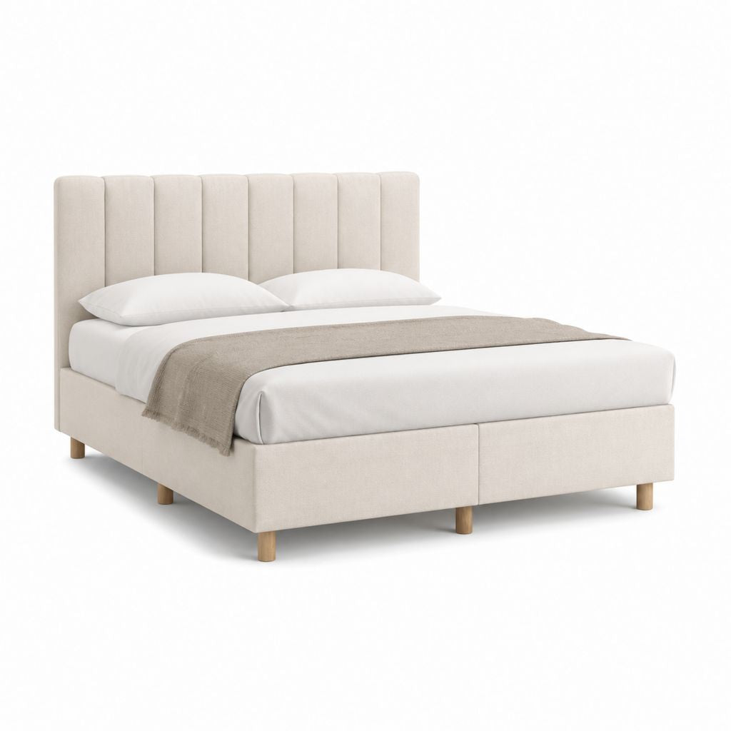 Lit double 160 x 200 cm beige en polyester avec tête de lit capitonnée et pieds en hêtre massif