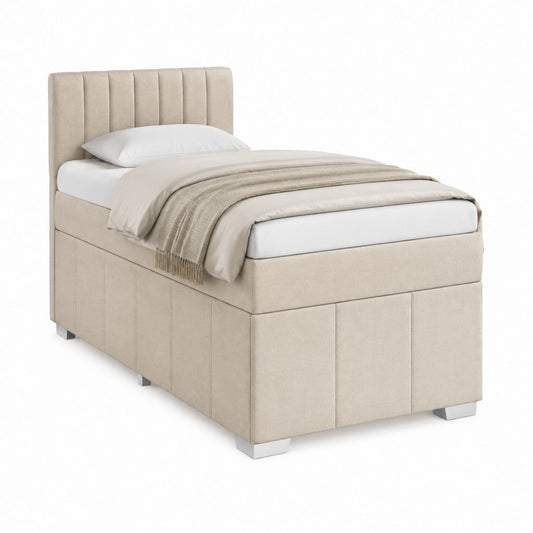 Lit coffre 90 x 200 cm beige en polyester avec tête de lit capitonnée