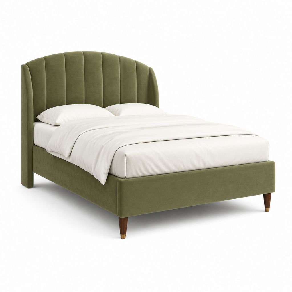 Lit double 160 x 200 cm vert olive en velours de polyester avec tête de lit capitonnée
