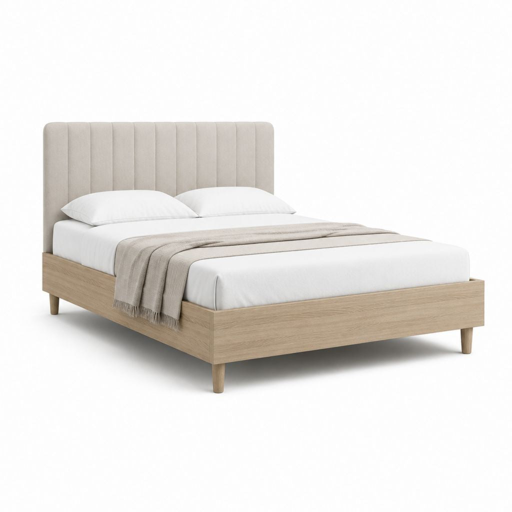 Cadre de lit double 160 x 200 cm beige et chêne avec tête de lit capitonnée