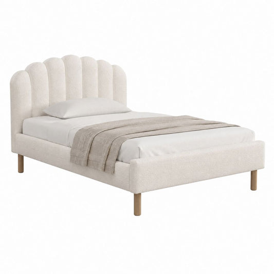 Lit double 160 x 200 cm crème en polyester bouclé avec tête de lit capitonnée