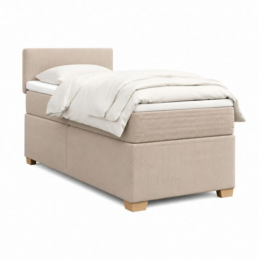 Lit simple capitonné beige en polyester côtelé 90 x 200 cm avec sommier tapissier