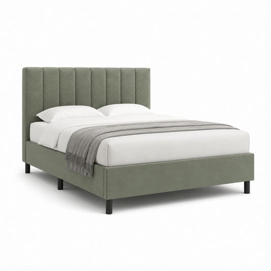 Lit double 160 x 200 cm vert olive en velours de polyester avec tête de lit capitonnée