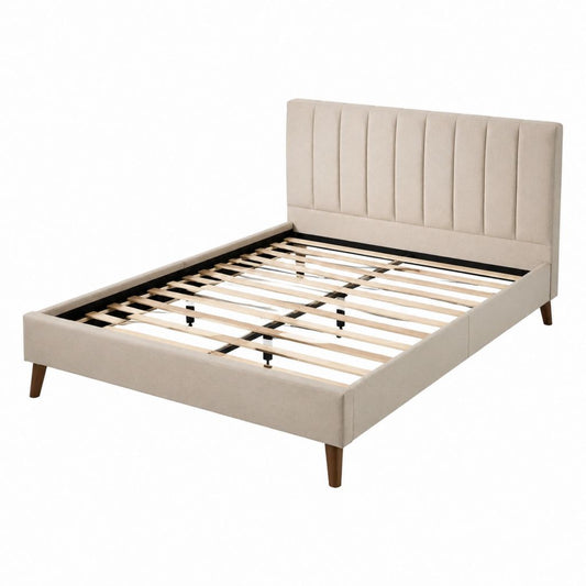 Lit double 160 x 200 cm beige en polyester avec tête de lit capitonnée et sommier à lattes